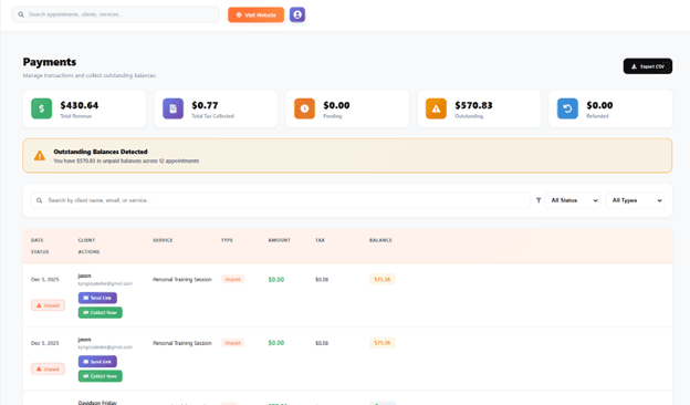 Payment dashboard showing transaction history, payment settings, and Stripe integration