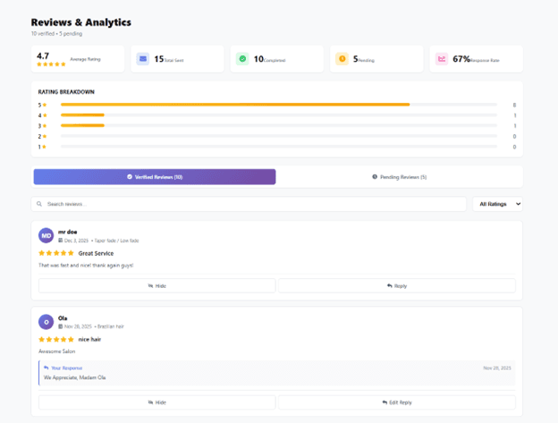 Reviews management screen showing customer reviews and automated review request settings